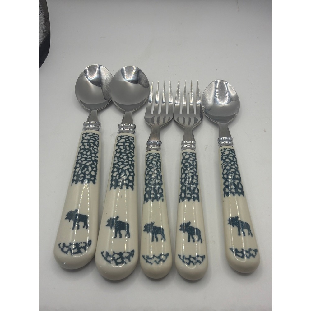 Folk Craft Moose Country 5 Pc Flatware Tienshan  2 forks 1 TeaSpoon 2 Tablespoon
